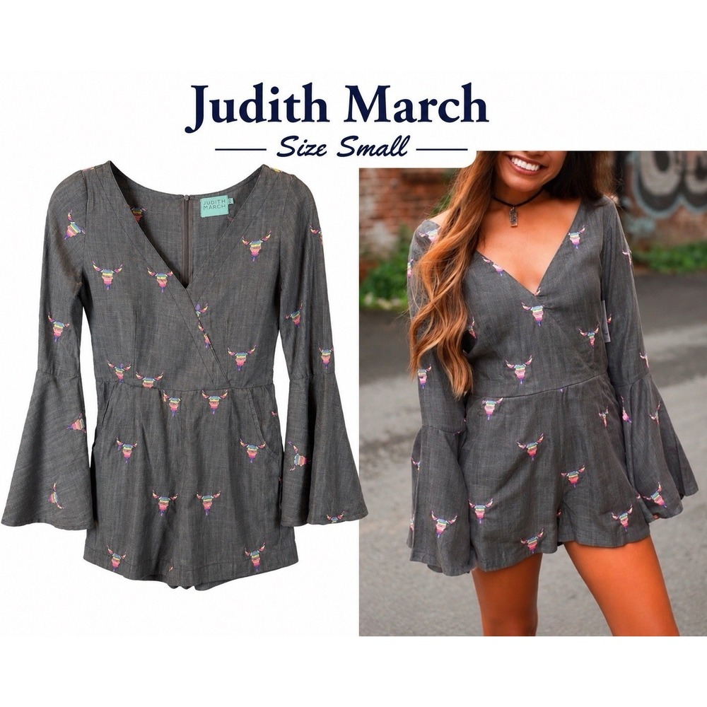 Judith March Rainbow Bull Steer Head Chambray Bell Slv Romper Sz S Western Rodeo